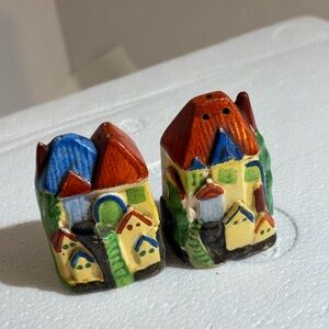Vintage Hand-Painted Ceramic Village Salt & Pepper Shakers - multi color
